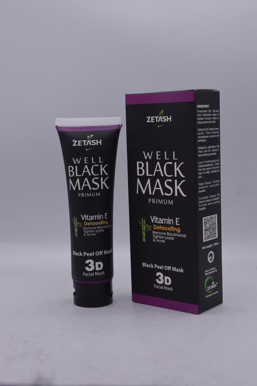 ZETASH Well Black Mask Premium | Vitamin E Detoxifying Black Peel-Off Facial Mask | 3D Face Mask
